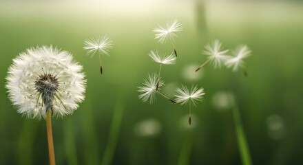 Fototapeta premium Dandelion Wishes on a Summer Breeze - A single dandelion stands tall, its seeds gently carried away on a summer breeze, creating a peaceful and serene scene