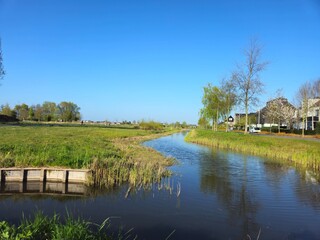Fototapeta premium Canal with a gorgeous bright green weeping willow over hanging the canal banks. Vibrant woodland landscape in Spring in a public park.