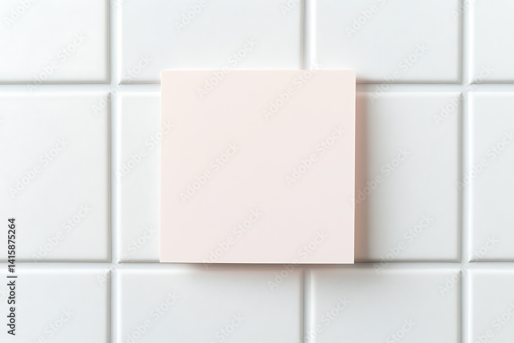 Poster a blank square of light pink paper rests against a clean white tiled wall, creating a minimalist com