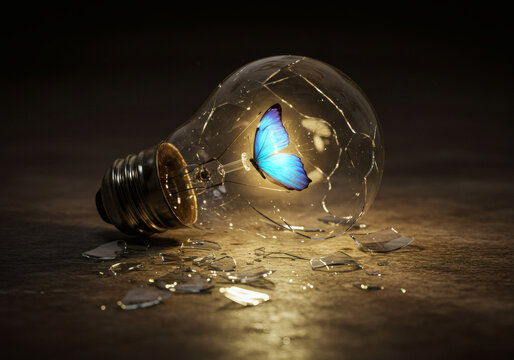 A vibrant blue butterfly inside a broken lightbulb, a creative and symbolic image. - Powered by Adobe