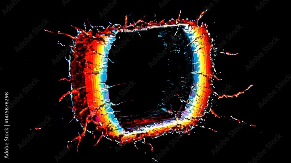 Poster melting into a vibrant realm of acid textures and 80s rainbow glow that bursts through a torn portal