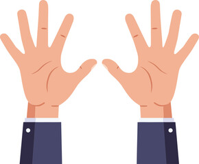 Pair of human hands with fingers spread open in flat minimal style wearing dark blue sleeves vector illustration
