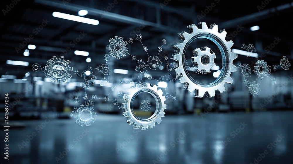 Poster modern automation interface with gears and mechanical process elements