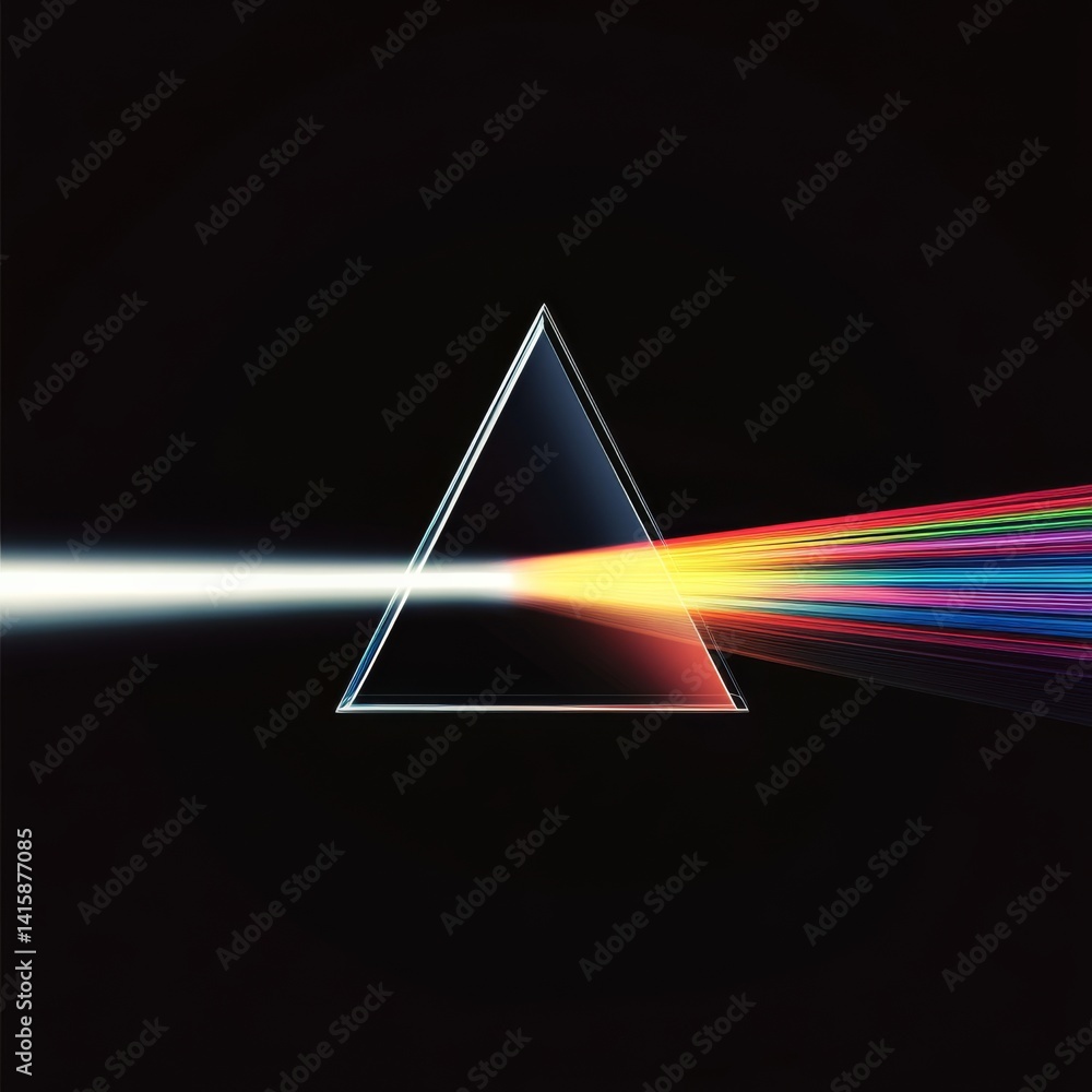 Poster minimalistic triangular prism refracting white light into a vibrant color spectrum against a pitch-b