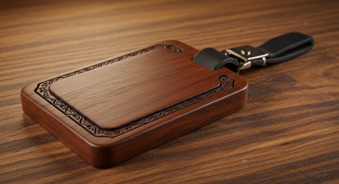 Elegant Wooden ID Holder - Handcrafted wooden ID holder with intricate detailing and a sturdy leather strap. Perfect for everyday