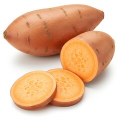 Sweet potatoes whole and sliced displaying orange flesh color well isolated on white background