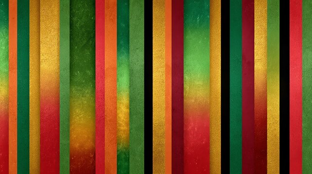 Rastafarian Colors: Bold, vertical stripes of green, gold,Grunge Rastafarian Pattern with Vertical Color Bands