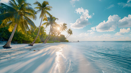 A White Sandy Beach With Blue Water and Palm Trees on the Shore of a Tropical Island