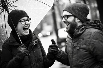 Joyful Couple Laughing Together Under Umbrella in Rainy Weather