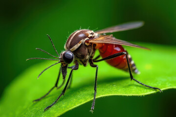 Fototapeta premium Close-Up of Blood-Engorged Mosquito on Green Leaf: Detailed Anatomical Wings and Sparkling Compound Eyes in Natural Forest Setting