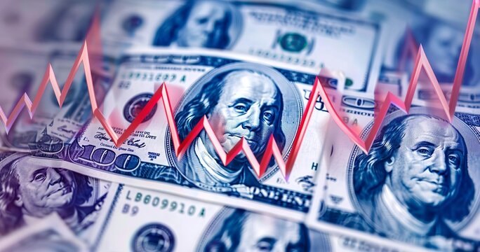 A stock market graph with red and blue arrows, dollar bills in the background, with a portrait of