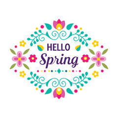 Welcome spring with frame of flowers and leaves Spring background with flowers
