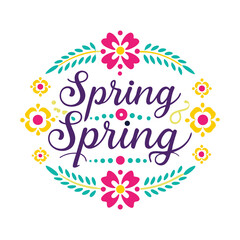 Welcome spring with frame of flowers and leaves Spring background with flowers
