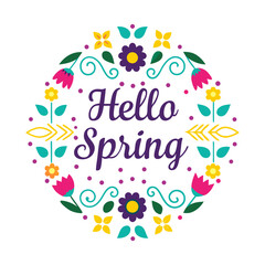 Welcome spring with frame of flowers and leaves Spring background with flowers
