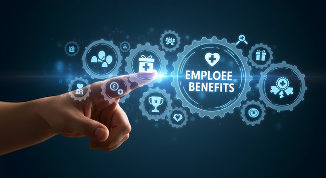 Professional workspace, business strategy, financial growth a hand interacting with employee benefits icons in a digital interface on a dark blue background