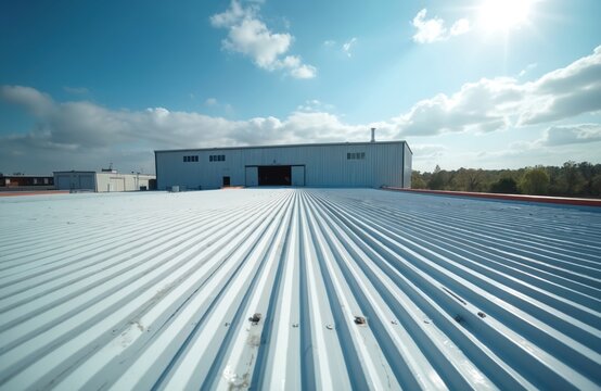 Industrial warehouse building with metal roof under blue sky. Lightning protection system installation. Construction site, architectural design. Commercial, industrial, business, safety work,