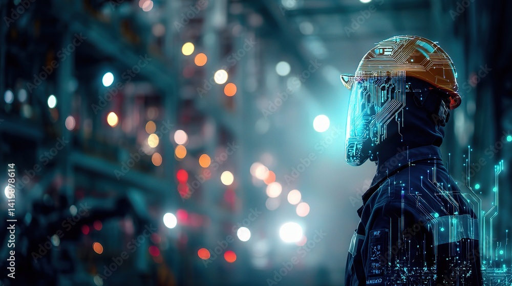 Poster smart factory automation with neon circuits in night scene