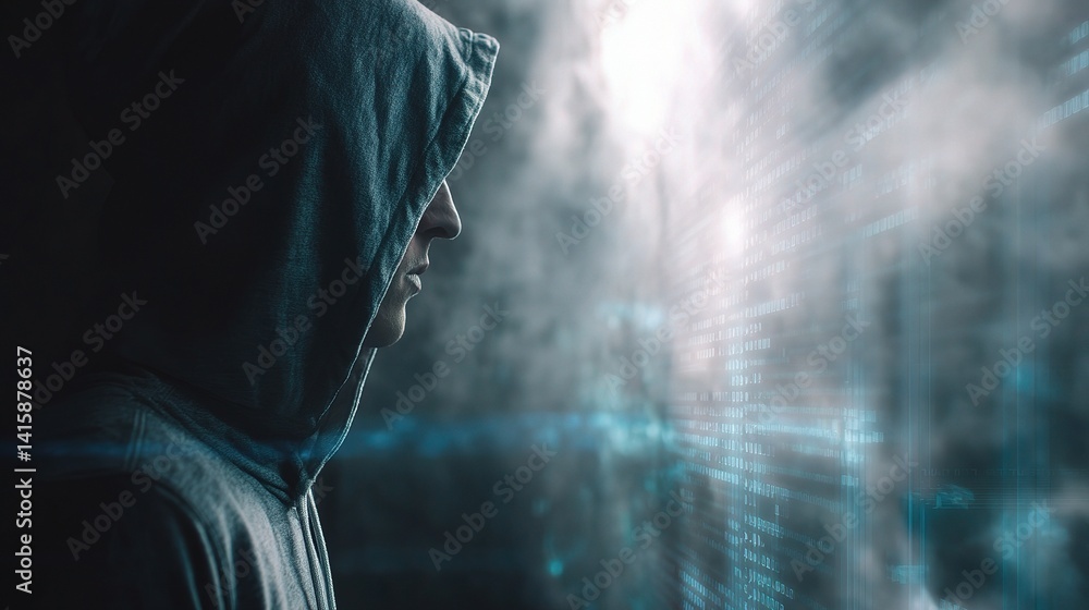 Poster programmer in hoodie working on code in a dark room atmosphere