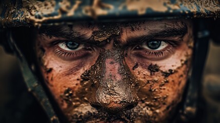 Portrait cinématographique d’un soldat couvert de boue avec une irritation visible sur le visage et un regard déterminé