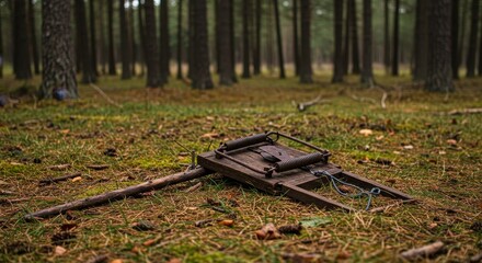 Forest Floor Snare Trap View - Rustic snare trap in a forest clearing, symbolizing wilderness, survival, hunting, forgotten history, and nature's resilience