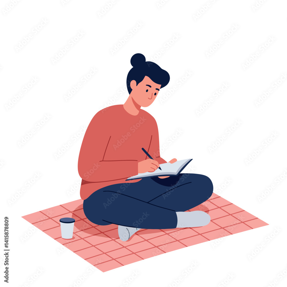 Poster young man sitting cross-legged on checkered blanket writing in notebook with pen in minimal flat sty