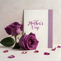 Purple Rose Flowers with Greeting Card and Happy Mother&rsquo;s Day Text on White Background &ndash; Elegant Floral