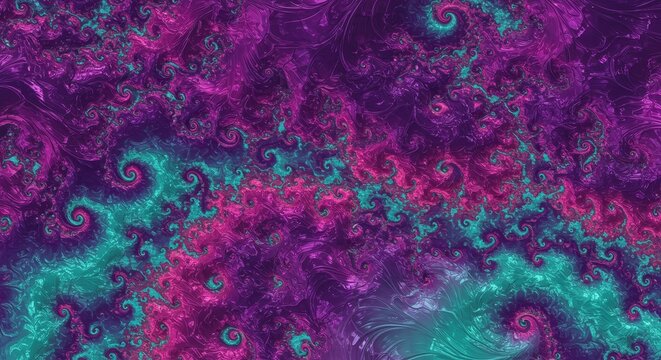 Fractal Swirls Purple Teal Background - Abstract fractal art, swirling patterns, vibrant purple and teal colors, cosmic energy, dynamic design. Symbolizing infinity, imagination, energy