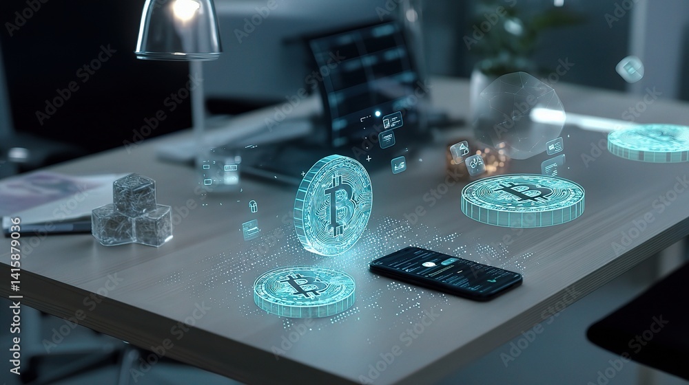 Poster futuristic trader desk with blockchain icons and cryptocurrency elements