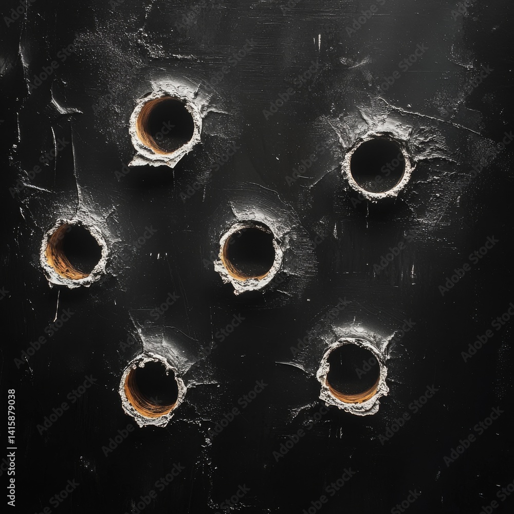 Poster intricate patterns of bullet holes against a stark black backdrop reveal a story of impact and resil