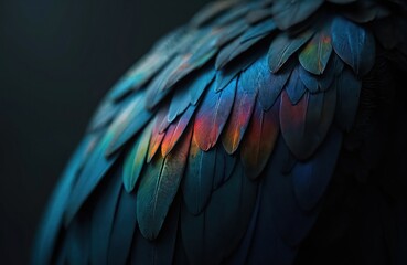 Obraz premium Abstract dark feather plumage with rainbow highlights. Close-up details of colorful wing. Natural animal, bird, avian theme with rich texture, fluffy softness, contrasts against dark background.