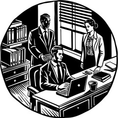 Black and white vector illustration of workers in the office