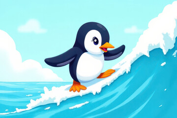 Naklejka premium Colorful Cartoon Penguin Surfing Ice Cream Wave: Joyful Pastel Kids Illustration