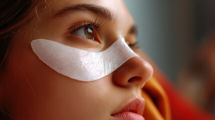 Young caucasian female with under-eye patch relaxing indoors