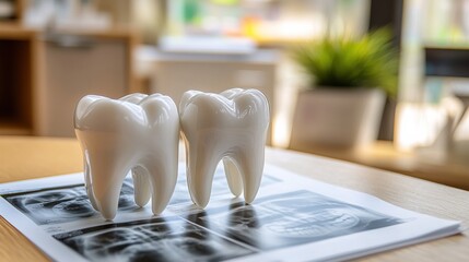 A tooth model placed next to dental x-rays for comparison, on a professional examination table