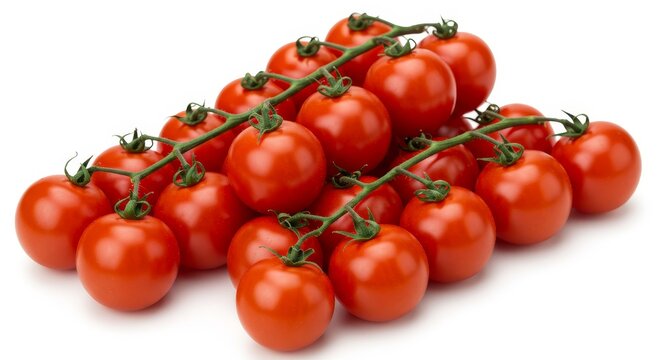 Fresh Vine Ripe Cherry Tomatoes - Cluster of red cherry tomatoes on the vine, isolated on white background. Perfect for healthy eating, salads, and cooking - Powered by Adobe