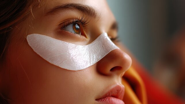 Young caucasian female with under-eye patch relaxing indoors