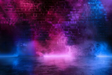 Abstract background of an empty room with a brick wall illuminated by neon light and smoke, in the