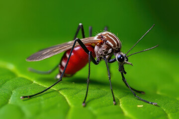Fototapeta premium Close-Up of Blood-Engorged Mosquito on Green Leaf: Detailed Wings & Sparkling Eyes in Natural Forest Setting