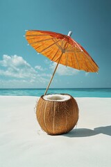 Tropical Coconut Drink: Sunlit Beach Scene with Parasol