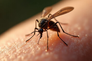Fototapeta premium Realistic Mosquito Landing on Human Skin: Intricate Wing Details and Body Texture in Natural Light