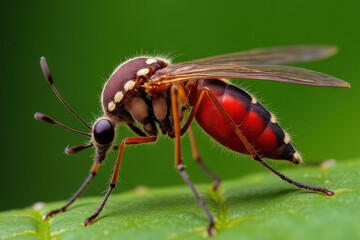 Fototapeta premium Close-Up Mosquito Full of Blood on Foliage: Translucent Wings, Glossy Eyes in Photorealistic HD Midjourney Artwork