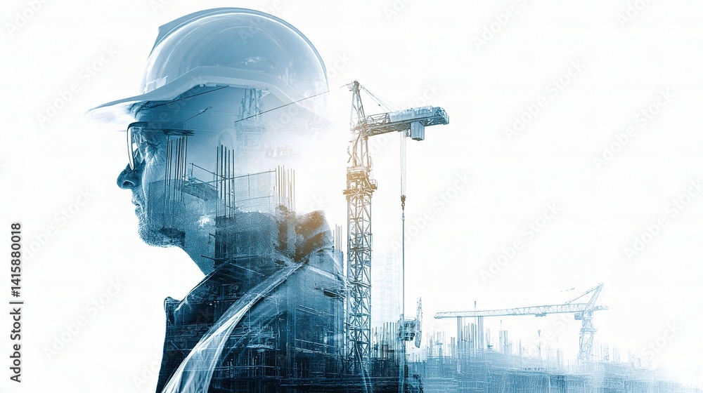 Poster double exposure of engineer with architectural elements in background