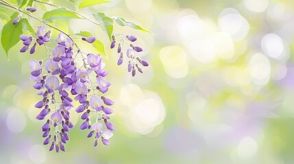 Fototapeta premium Purple flowers hanging from a tree branch, blending into a green boke with a blurry background