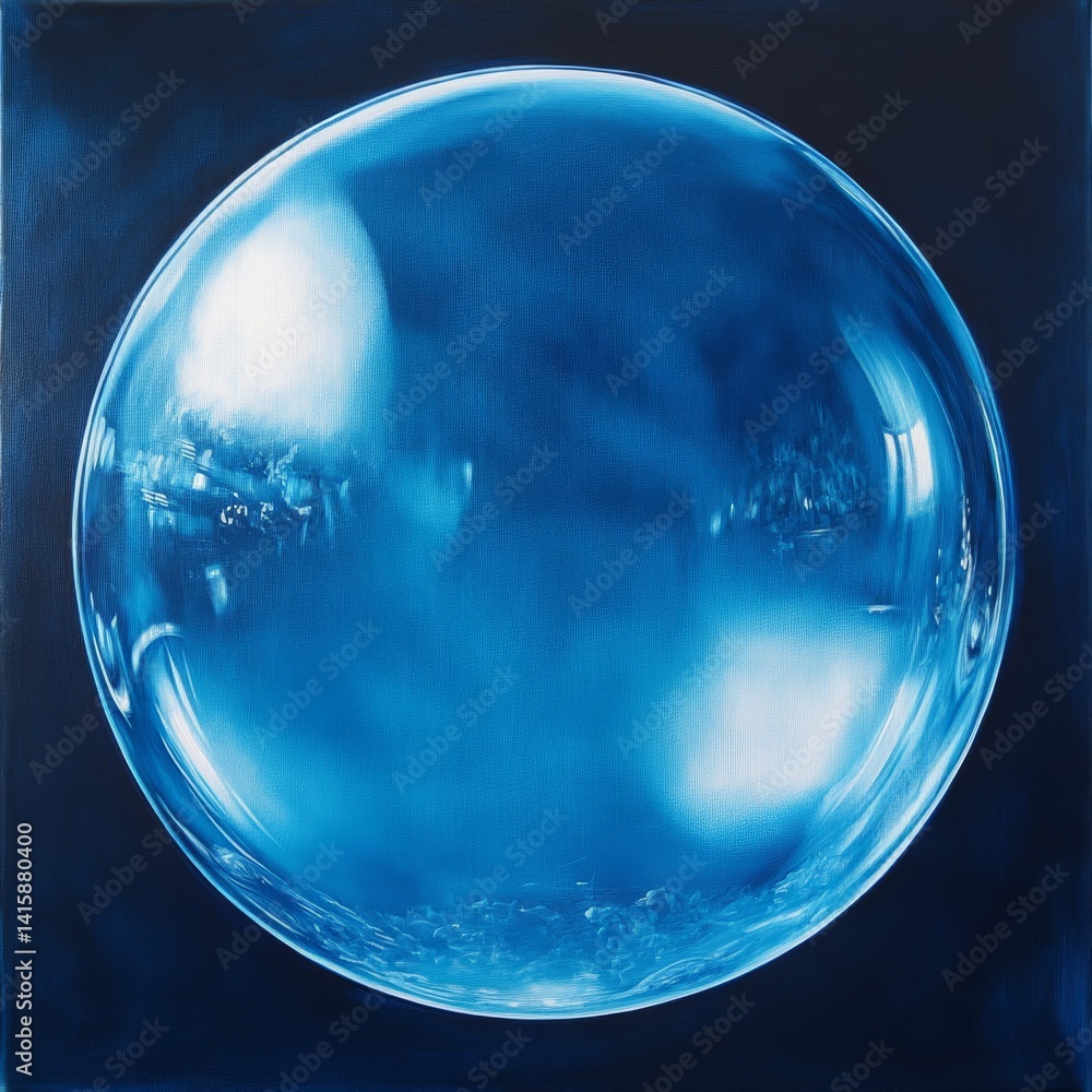 Poster Impression of a Captivating Blue Bubble Floating Gracefully in an Ethereal Space, Reflecting Light and Shadows From an Unknown Surrounding Environment