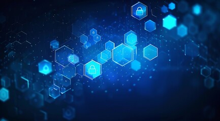Abstract digital background with blue hexagons and padlock icons for a security concept, AI