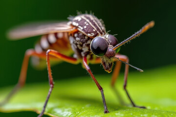 Fototapeta premium Macro Close-Up Mosquito Full of Blood on Foliage, Translucent Wings, Glossy Eyes, Photorealistic Nature Scene, High-Definition Midjourney Artwork