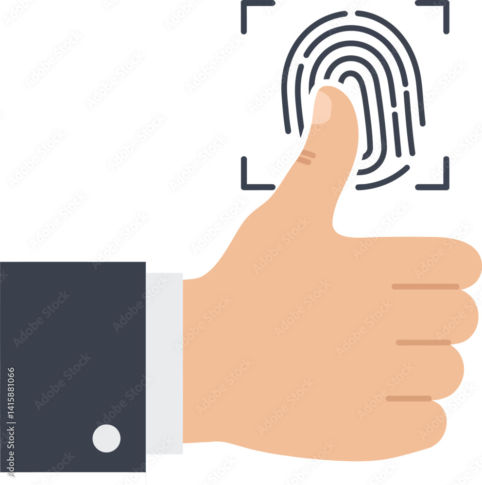Poster human hand with thumb up and fingerprint scan in flat minimal style digital security vector illustra