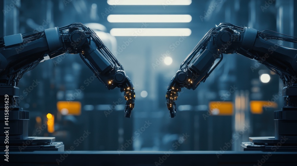 Poster futuristic robotic arms reaching towards each other in a modern factory setting