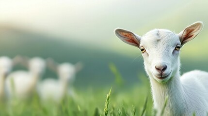 Obraz premium A sharp image of a goat grazing amidst lush green grass, with the faint outlines of sheep in the backdrop