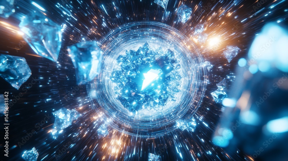 Poster vibrant crystals soar through a futuristic sci-fi portal, illuminated by blaster light effects and a